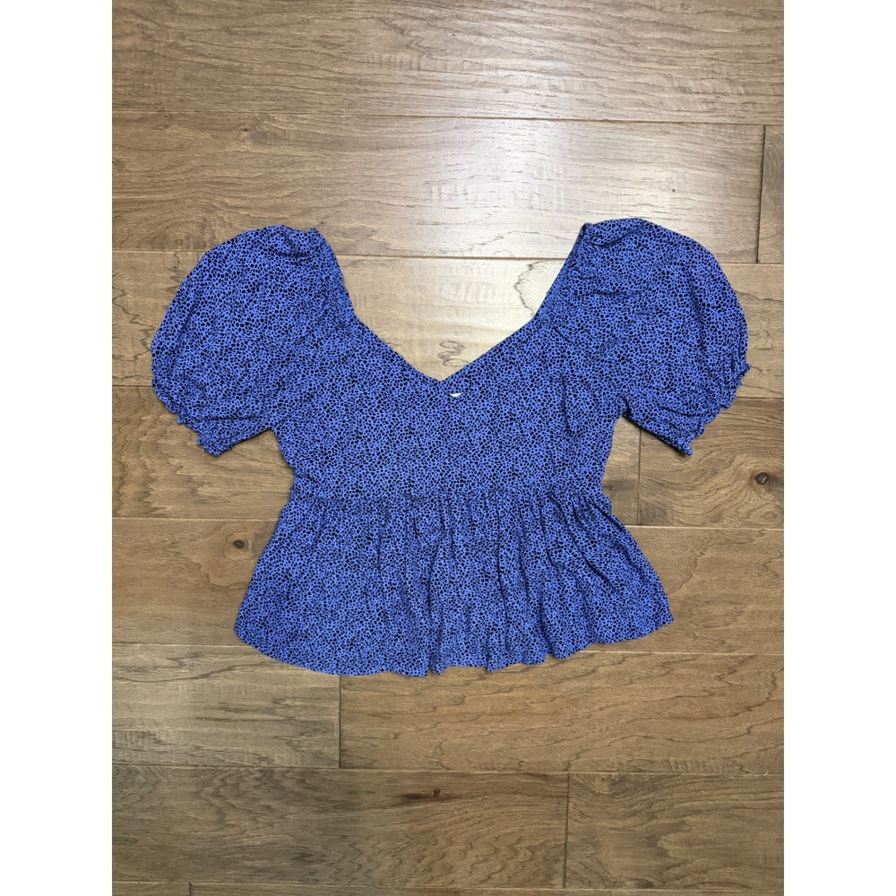 American Eagle Top Womens Medium Blue Animal Print Puff Sleeve Babydoll Peplum